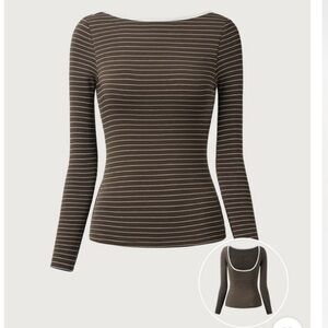 OGL Open Back Striped Brown Long Sleeve Brami Boatneck Top Size XS